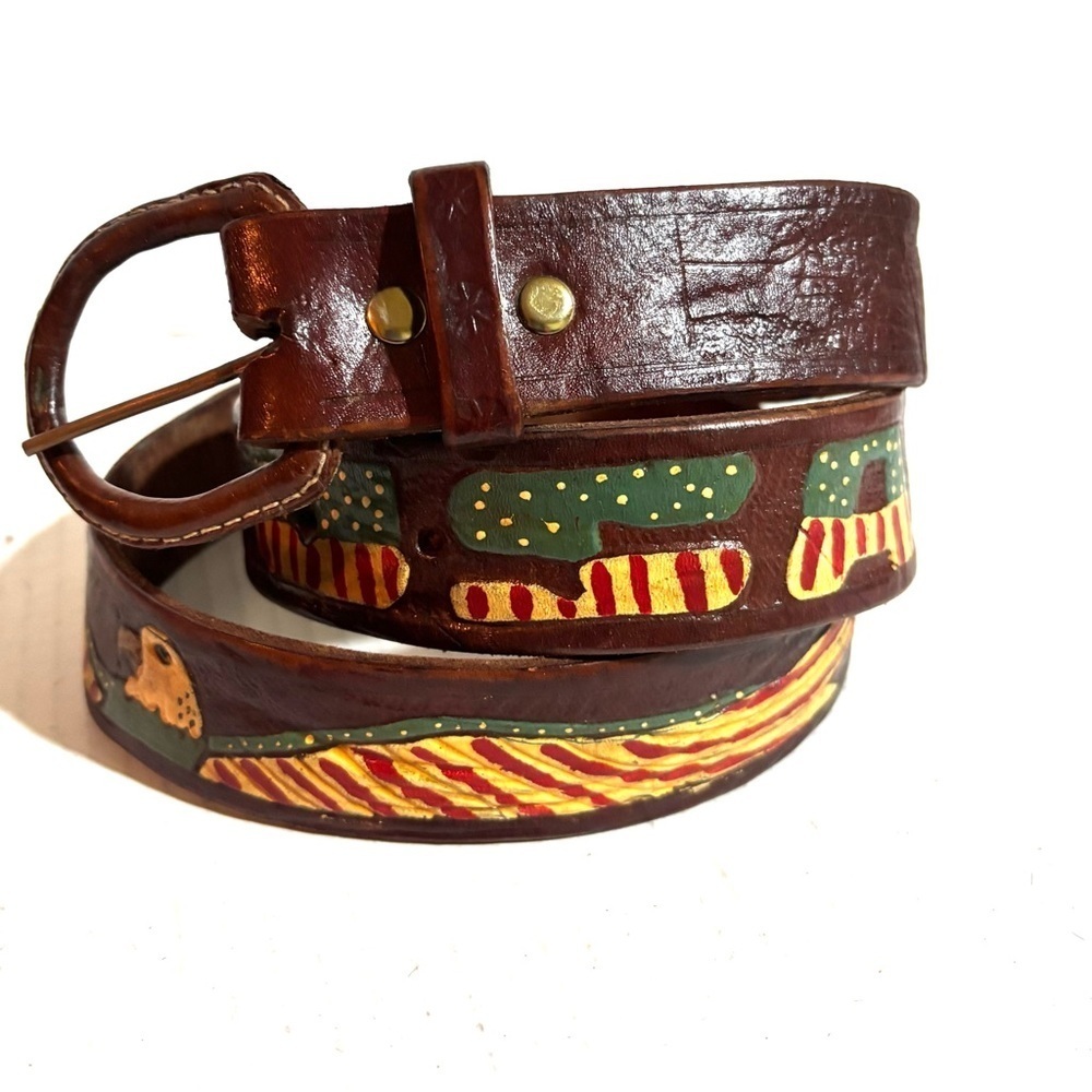 Vintage unisex distressed multicolor prints Leather Belt with Artistic Design